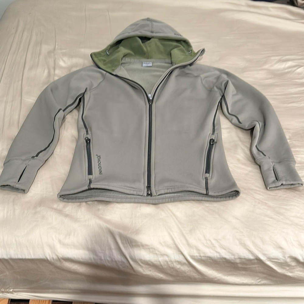 Small Pale Army soft fleece green Hooded Jacket by Houdini.
